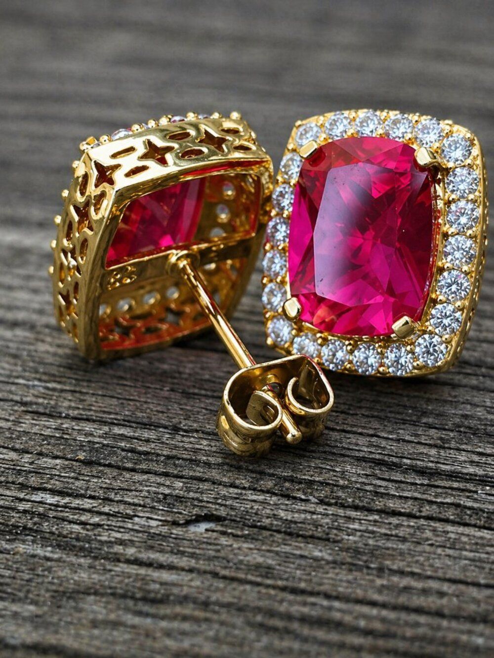 Lab Simulated Ruby & Diamond Rectangle Earrings - Picture 4 of 4